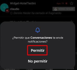 Ventana emergente solicitando permiso para enviar notificaciones de la aplicación 'Conversaciones'.
