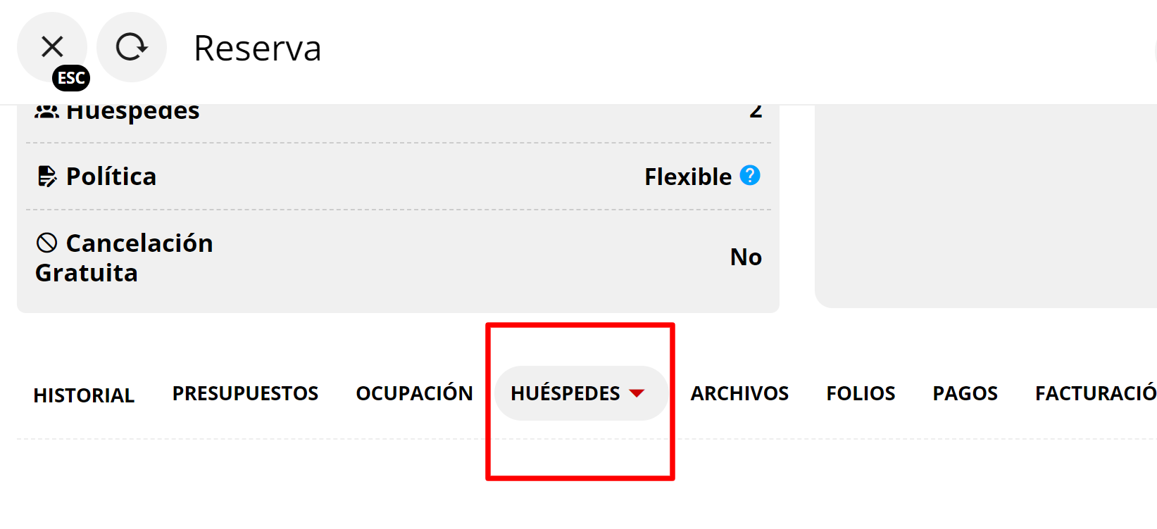 Pestaña Huéspedes seleccionada