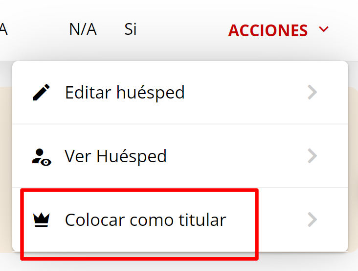 Menú de acciones para colocar como titular