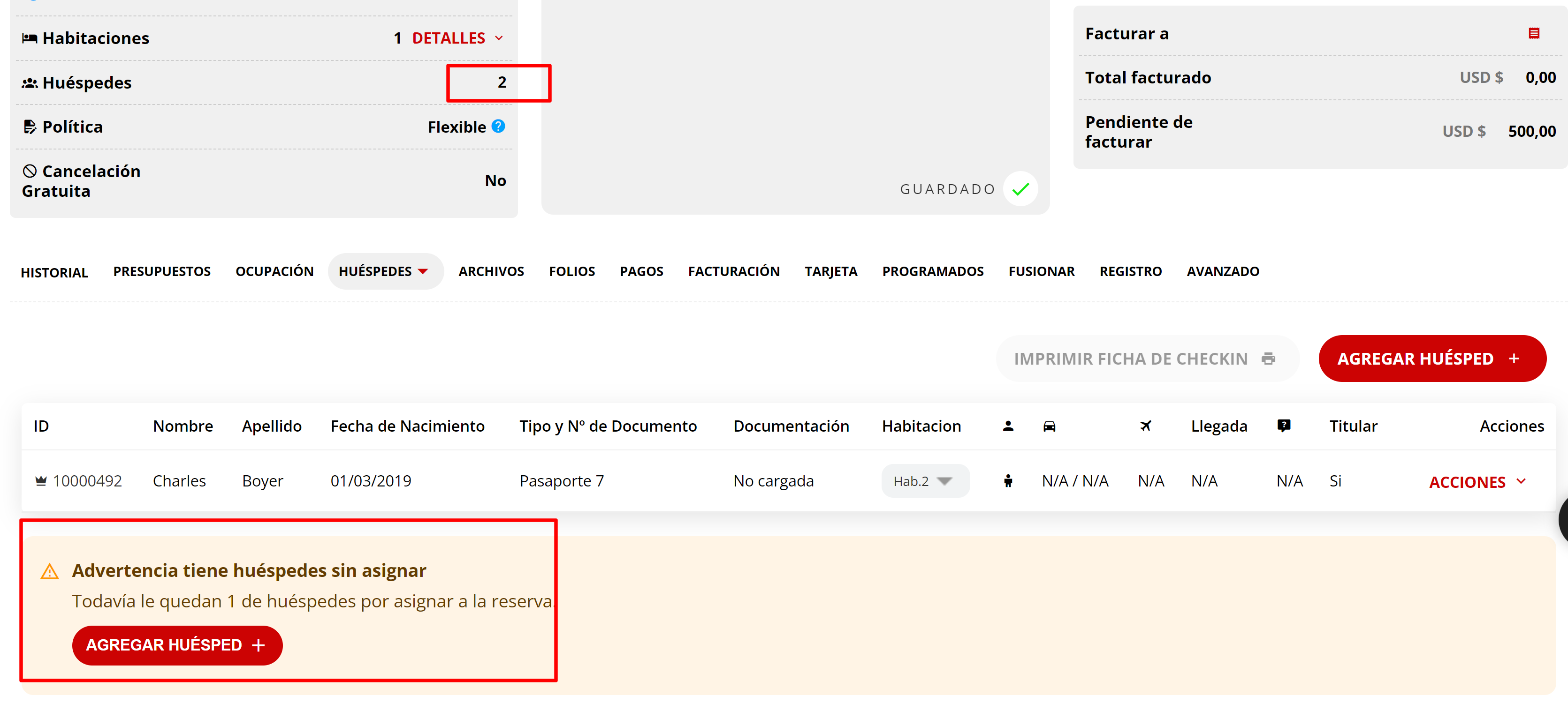 Indicador de reserva para múltiples personas y huéspedes faltantes