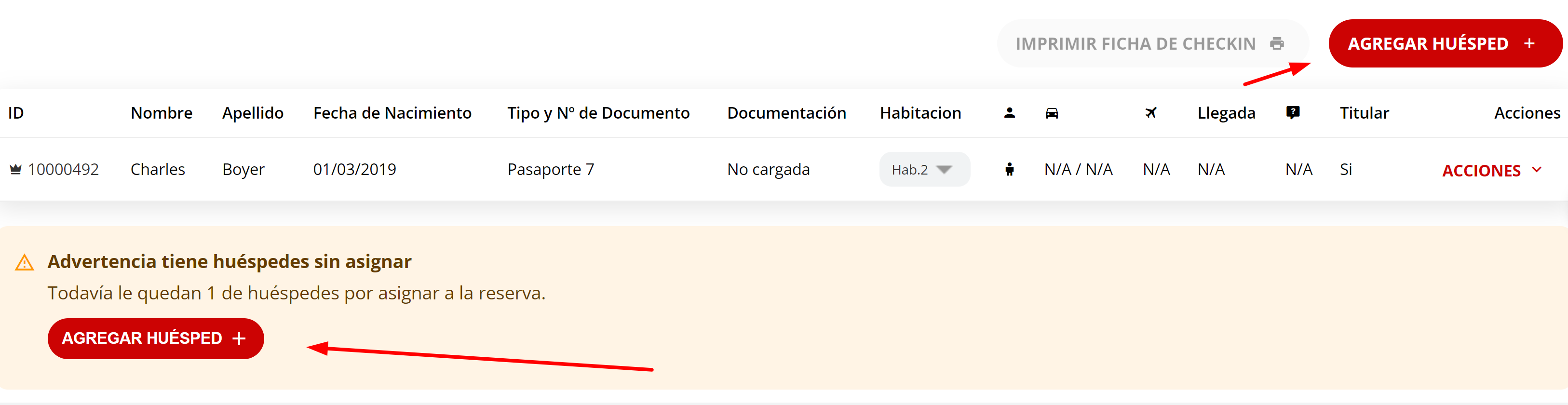 Botones de Cargar Huésped en la reserva