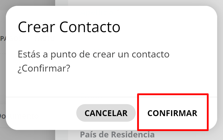 Popup de confirmación de creación de nuevo contacto