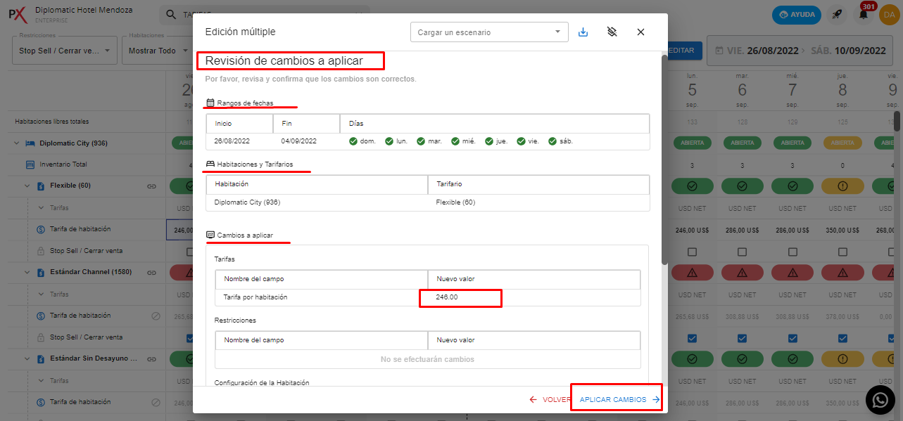 Ventana de revisión y aplicación de cambios de tarifas