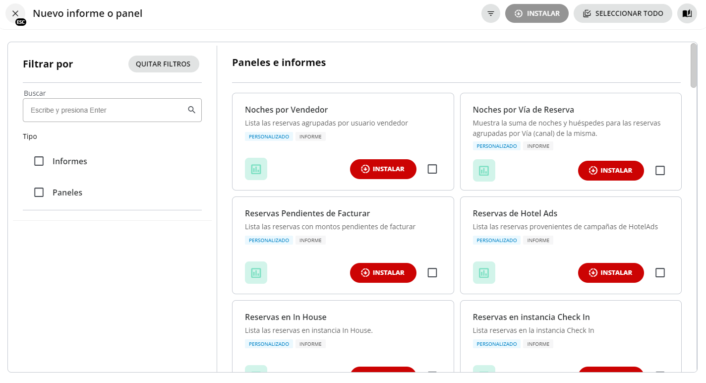 Biblioteca de informes y filtros por tipo