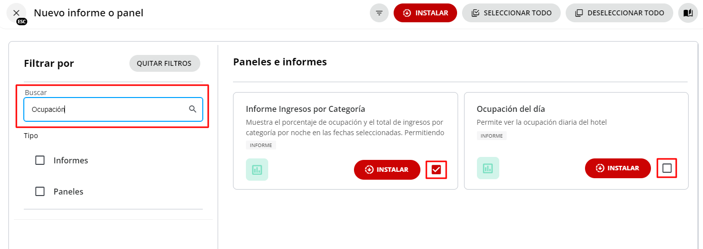 Selección de informes en la biblioteca