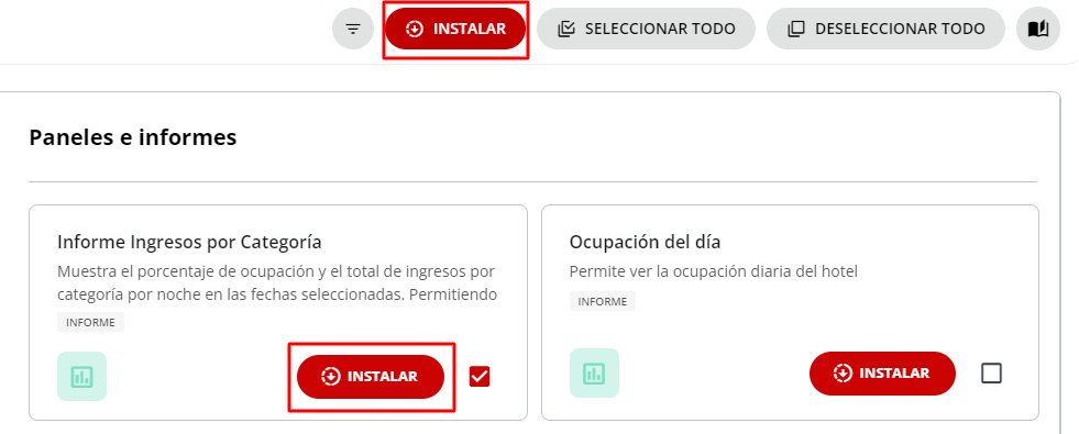 Botón Instalar informe o panel
