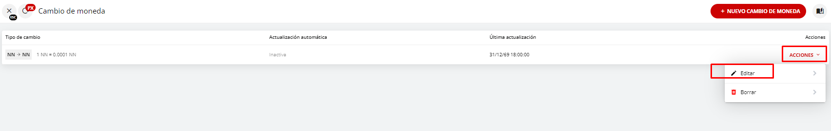 Opciones de Acciones y editar