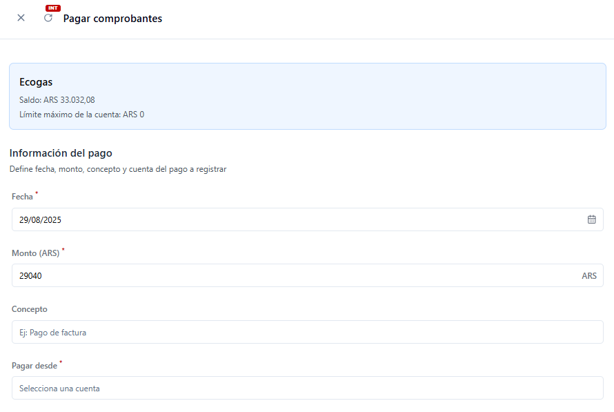 Ventana de registro de pago con campos para completar.