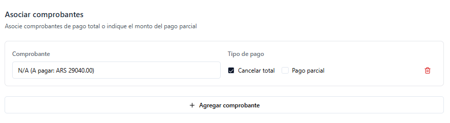 Detalle de la sección 'Asociar a comprobante'.