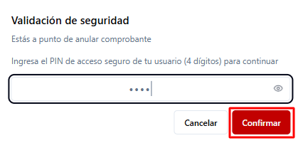 Confirmación de PIN para anulación