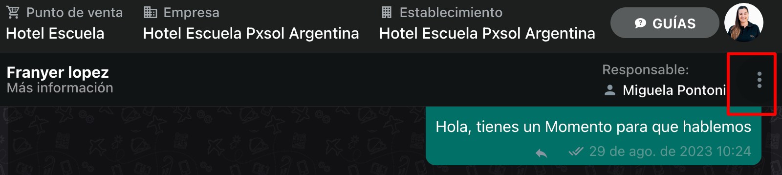 Icono de tres puntos en la esquina superior derecha del chat