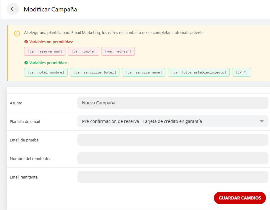 Configuración de campaña. Selección de plantilla