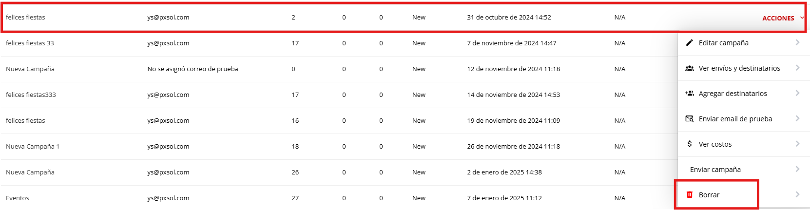 Borrar campaña de email marketing