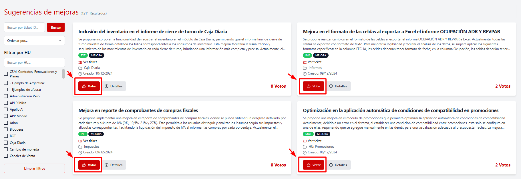 Panel de sugerencias de mejora con opción para votar