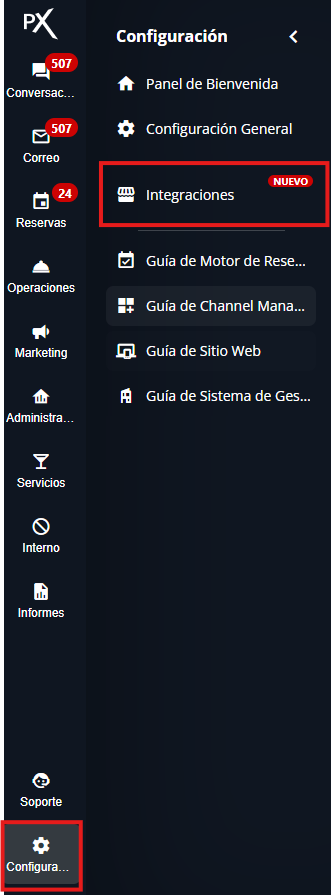 Captura de pantalla de la sección de Integraciones