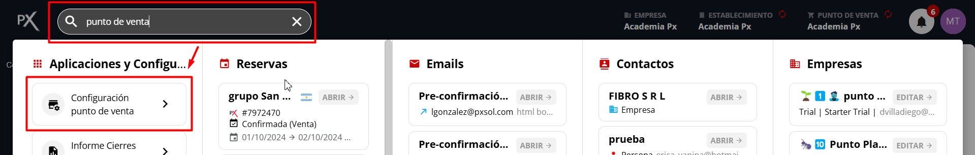 Interfaz del Omnibox mostrando el acceso a Configuración punto de venta