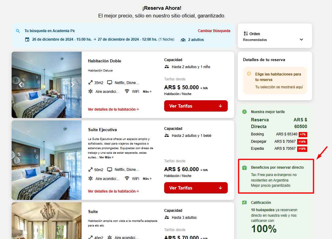 Opciones de visibilidad para Beneficios reserva directa