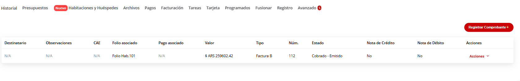 Opciones de factura, incluyendo Regenerar Comprobante.