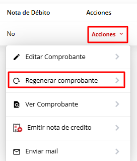 Menú de acciones para la factura.