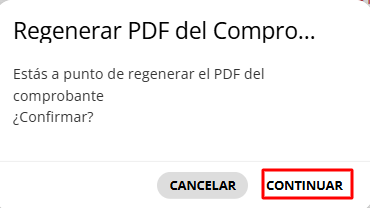 Botón de Continuar para regenerar el comprobante.
