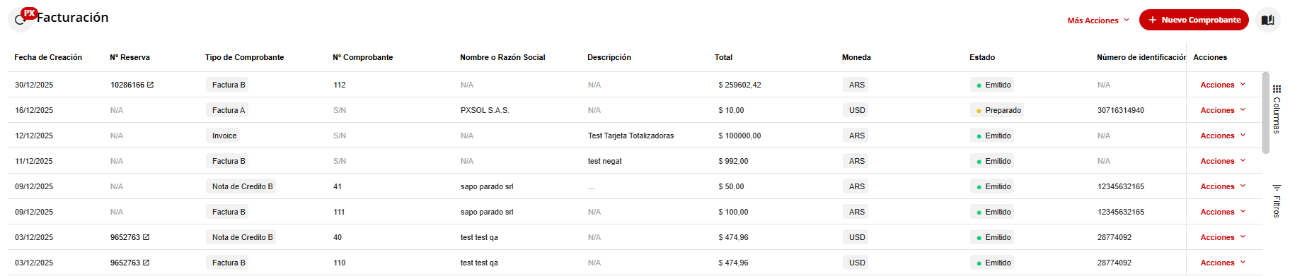 Listado de comprobantes.
