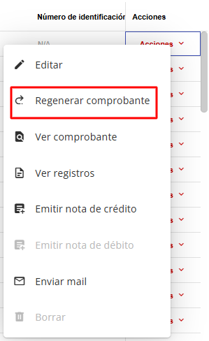 Opciones de acciones para un comprobante, incluyendo Regenerar.