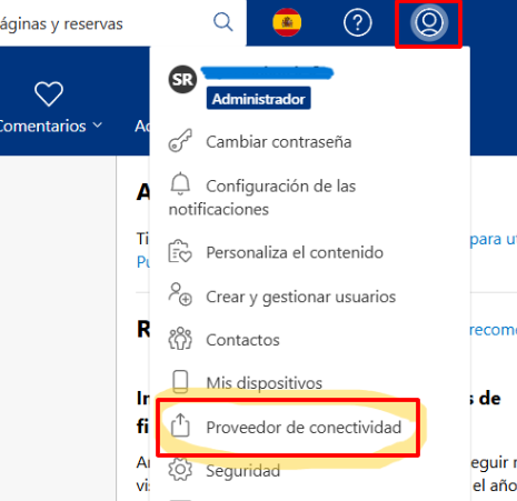 Captura de pantalla de Booking.com extranet - menú Cuenta y Proveedor de conectividad
