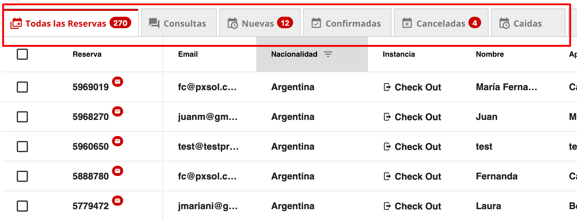 Vista predeterminada de reservas