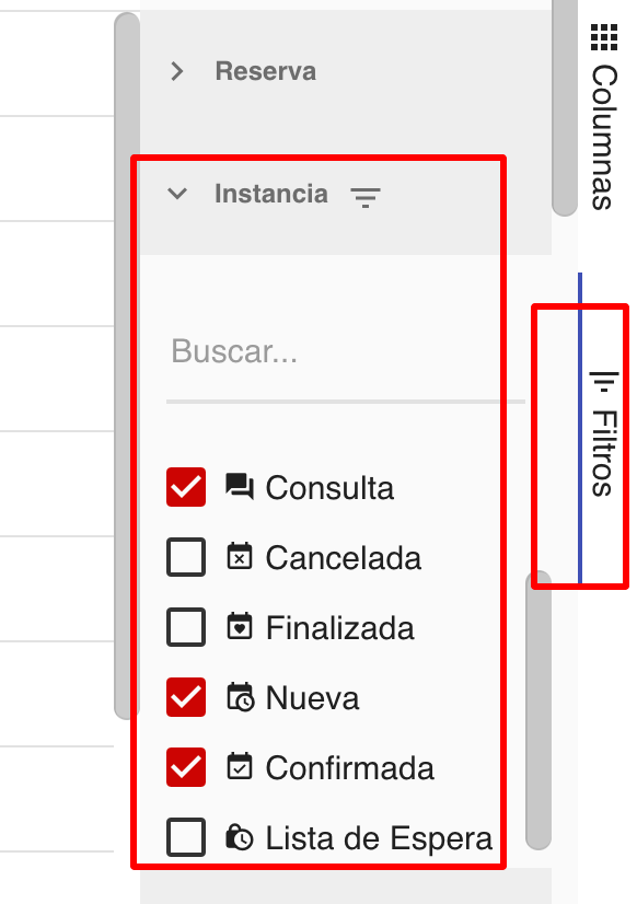 Menú de personalización - Sección Filtros