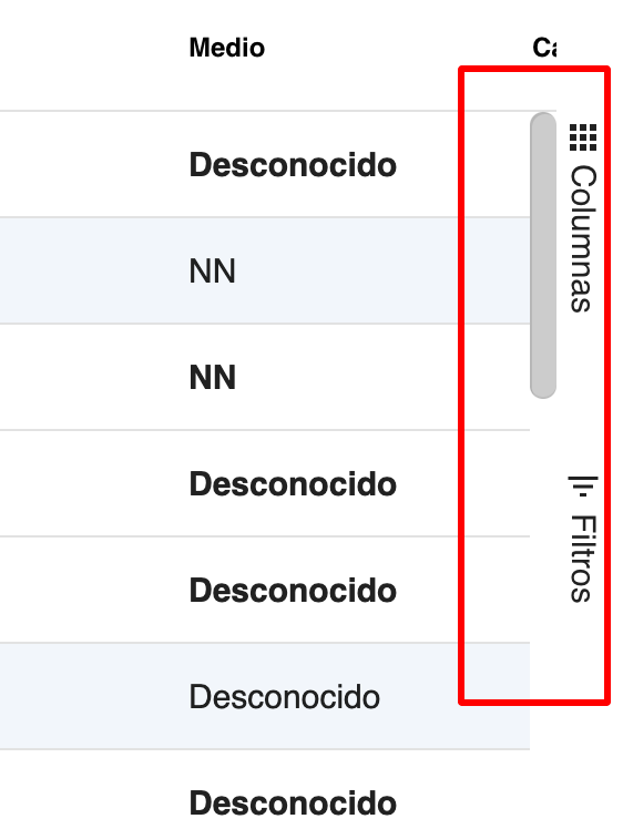 Menú de personalización de filtros y columnas