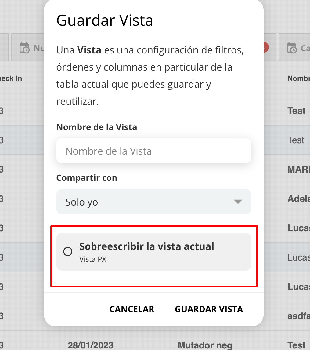Opción Sobreescribir la vista actual