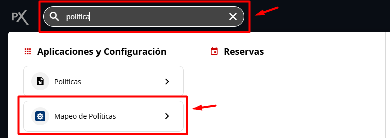 Búsqueda de la aplicación Mapeo de Políticas en el Omnibox