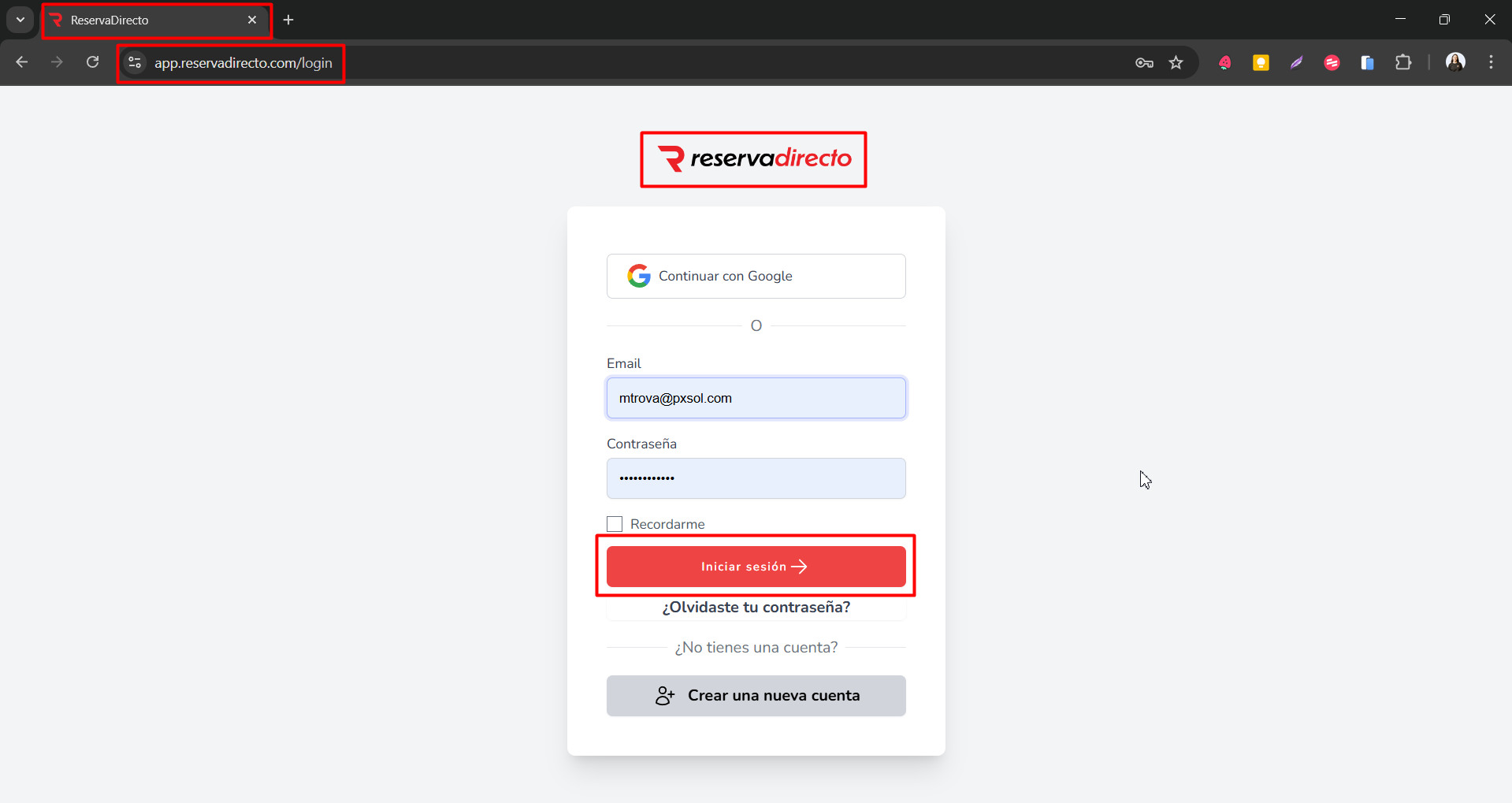 Pantalla de inicio de sesión de Reserva Directo