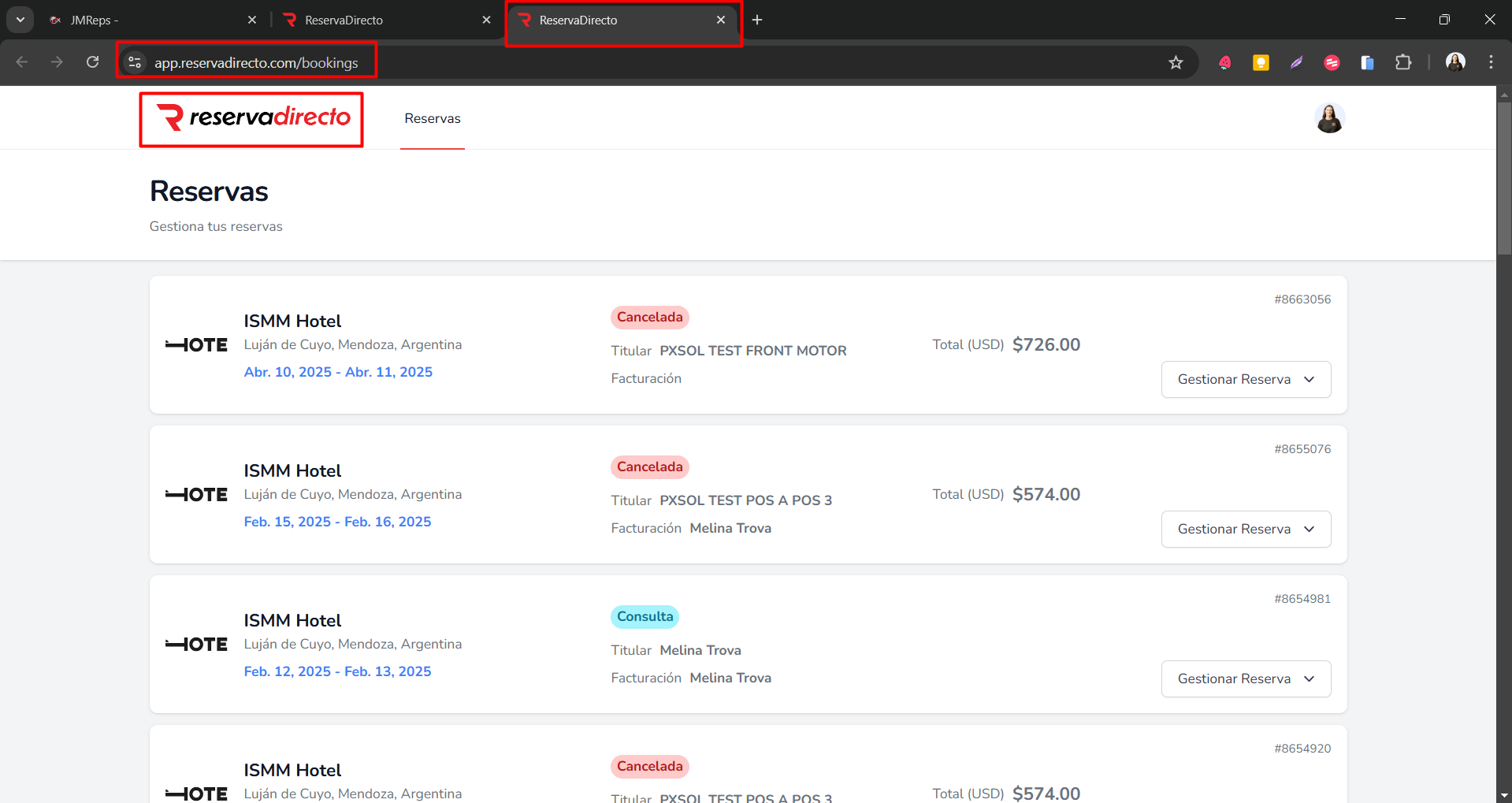Sección Mis Reservas de Reserva Directo