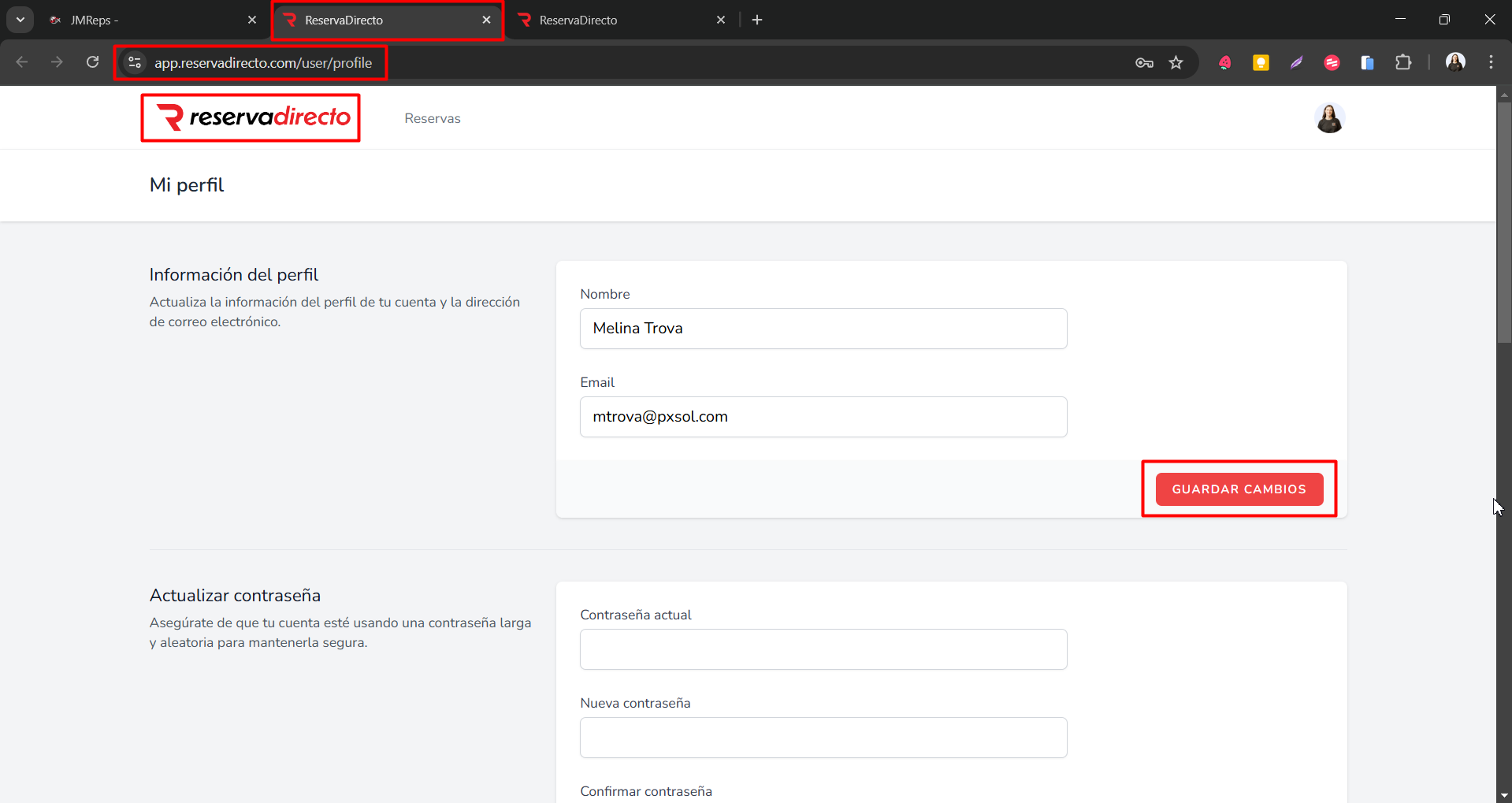 Sección Mi Cuenta de Reserva Directo