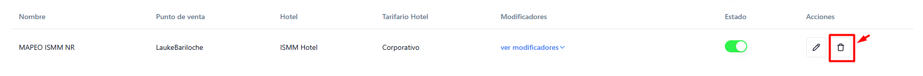 Opción de eliminar mapeo