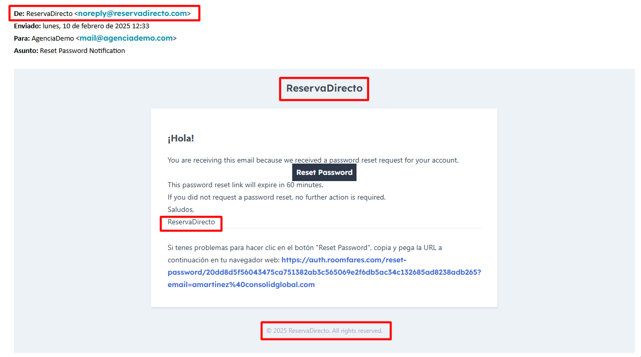Correo de restablecimiento de contraseña de Reserva Directo