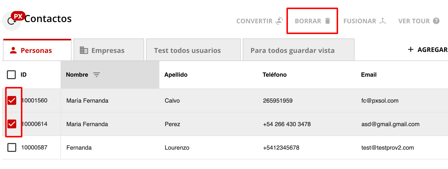 Captura de pantalla de la selección múltiple de contactos para borrar