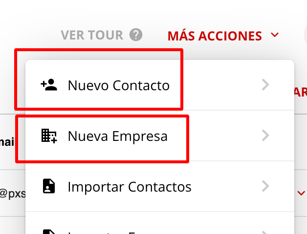 Menú de Acciones de lista para seleccionar tipo de contacto.