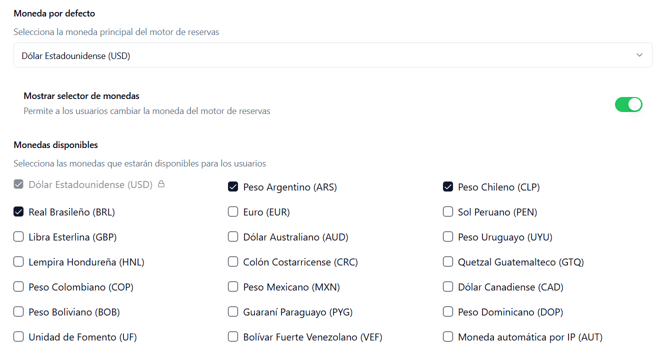 Selección de moneda en el motor de reservas