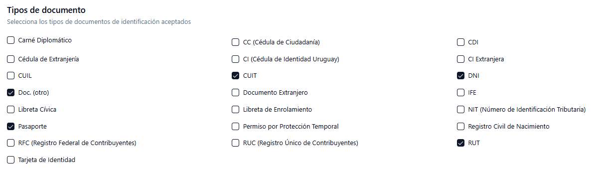 Selección de tipos de documentos de identificación