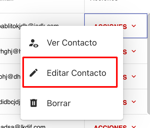 Menú de acciones de contacto y opción Editar Contacto