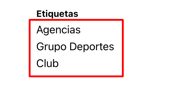 Etiquetas mostradas en la tarjeta de contacto