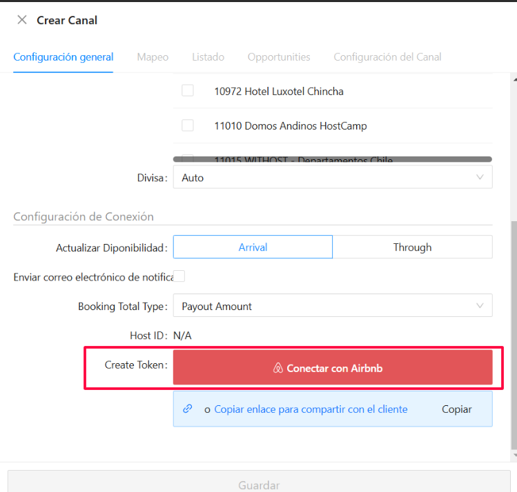Sección de Configuración General para la conexión de Airbnb