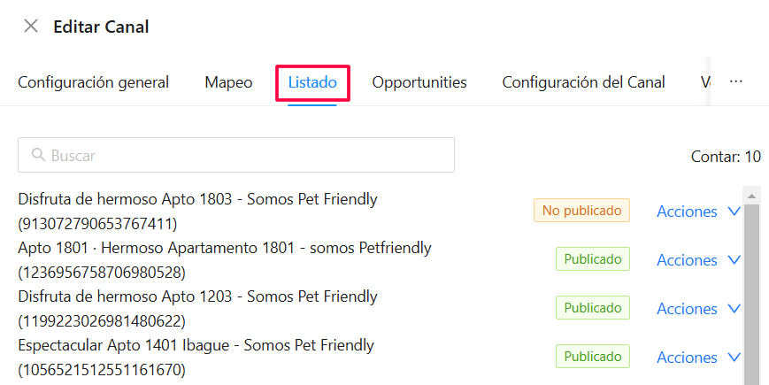 Listado de anuncios de Airbnb con opciones de configuración