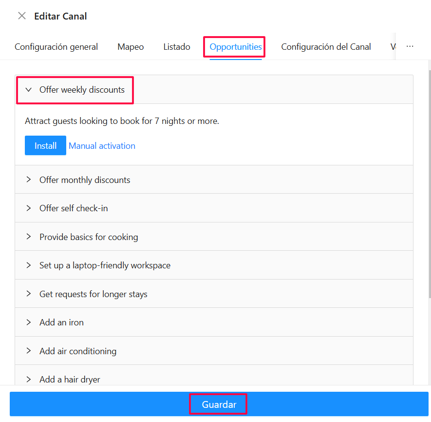 Gestión de ofertas y promociones en la sección Oportunidades para Airbnb
