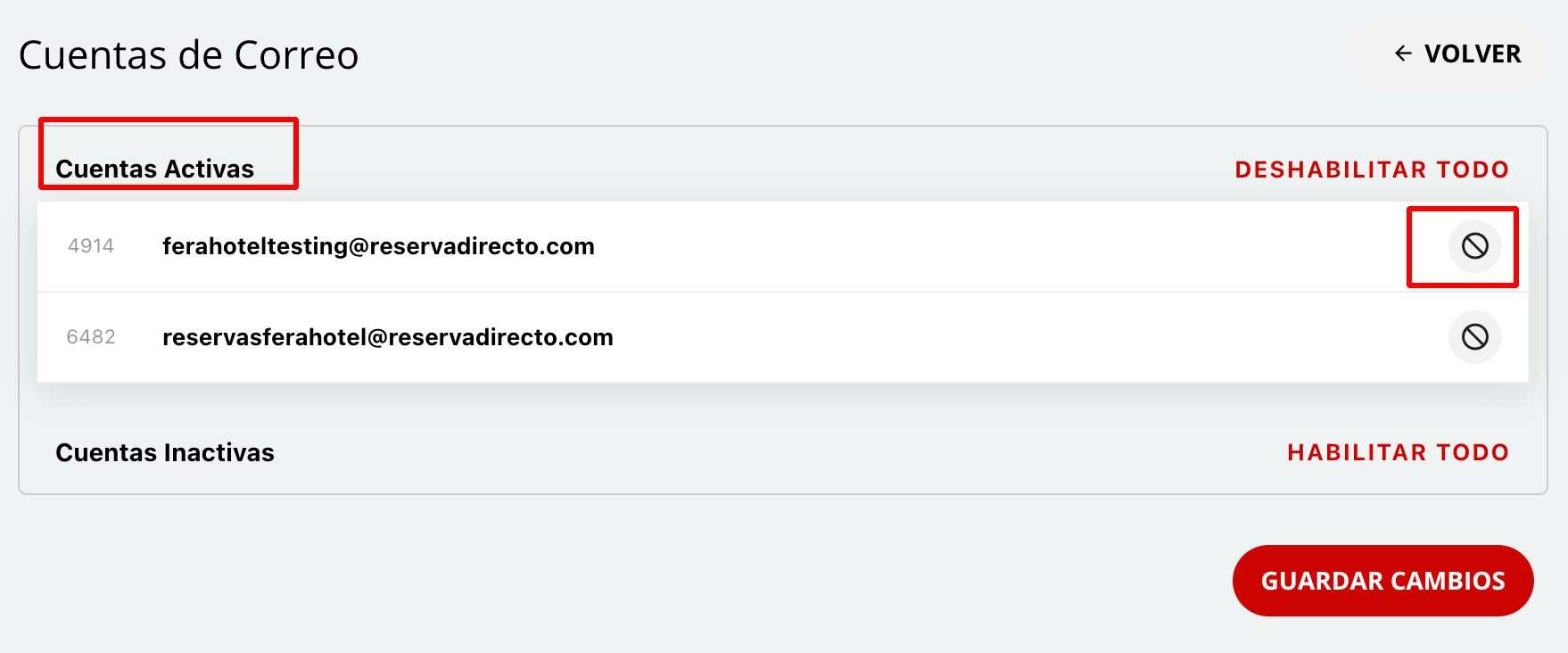 Listado de cuentas de correo activas e inactivas