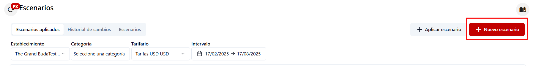 Botón Nuevo Escenario en la aplicación