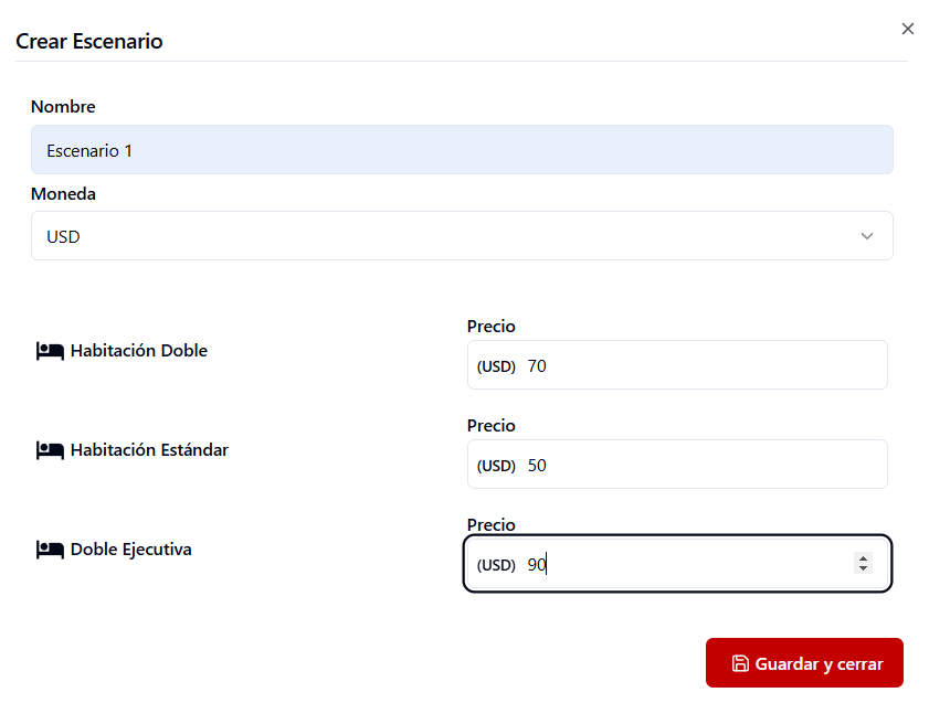 Configuración de escenario con nombre, moneda y categorías