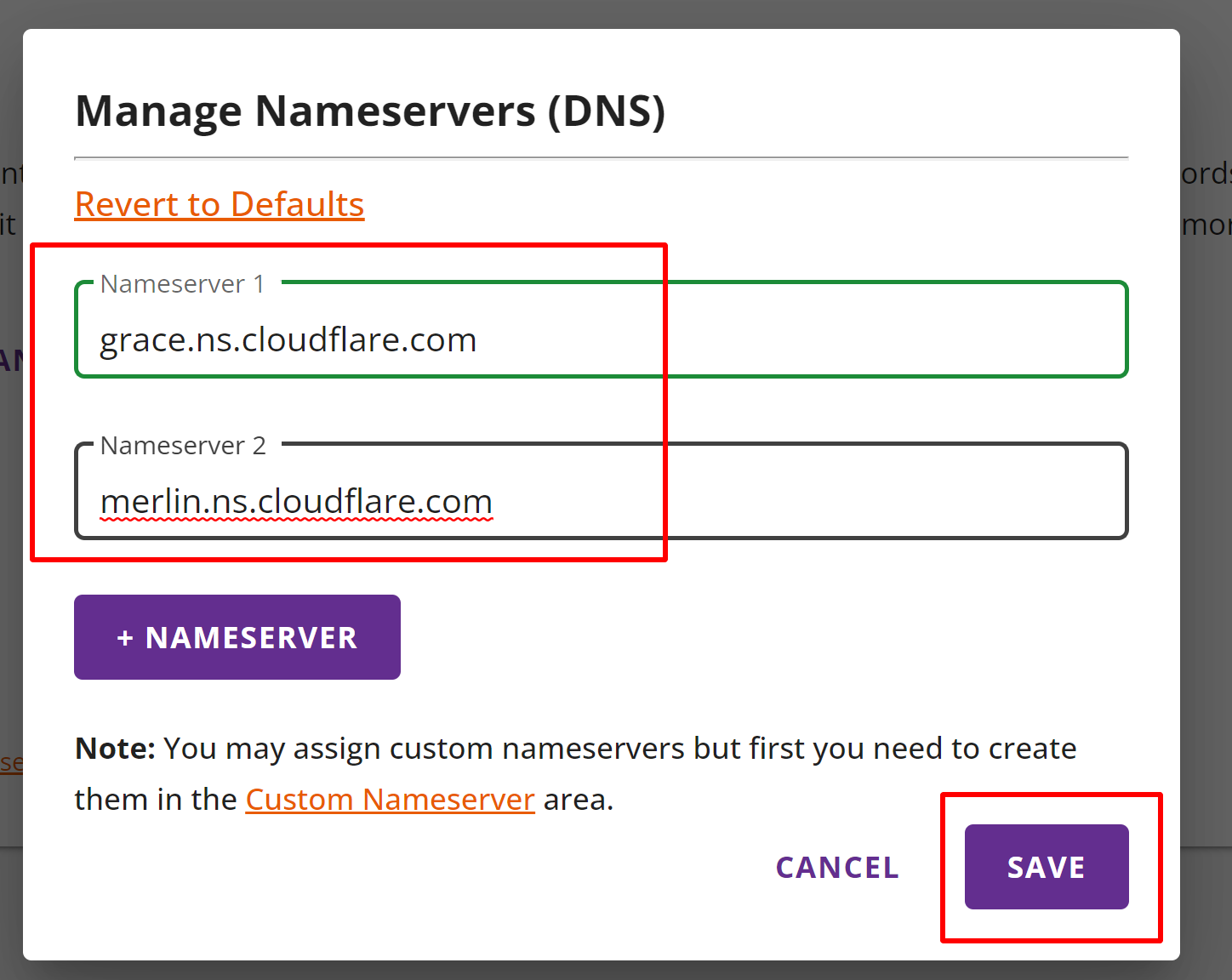 Captura de pantalla de la interfaz para editar nameservers en Register.com